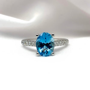 "Marina" - Oval Aquamarine Unique Ring in a Micro Set Platinum Band with Round Brilliant Diamonds - Unique Ring - Ebony Jewellery Chichester - Bespoke by Ebony
